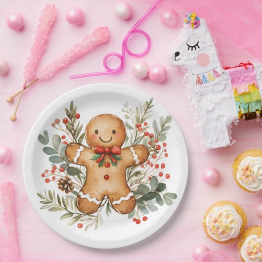 Gingerbread Man Greenery Christmas Paper Plate Papieren Bordje (Feest)