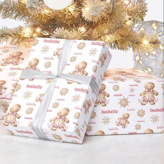 Gingerbread Man Meisje Roze Naam Tekst Kerstmis Cadeaupapier