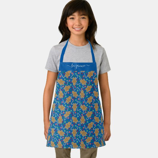 Gingerbread Man Pepermunt Snoep op Blue Pattern Schort (Insitu)