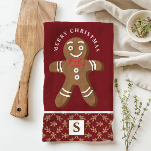 Gingerbread Man Red Monogram Vrolijk Kerstfeest Theedoek