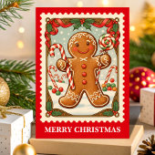Gingerbread Man Retro Postzegel Kerstmis Feestdagen Kaart