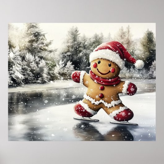 Gingerbread Man Skating Print Christmas Art (Voorkant)