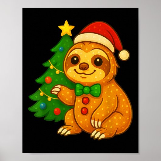 Gingerbread Man Sloth Santa Hat Christmas Tree Poster (Voorkant)