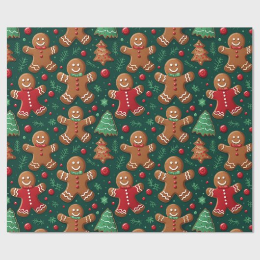 Gingerbread Mannen en Kerstbomen Kerstmis Cadeaupapier (Vlak)