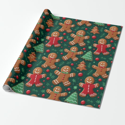 Gingerbread Mannen en Kerstbomen Kerstmis Cadeaupapier (Uitgerold)