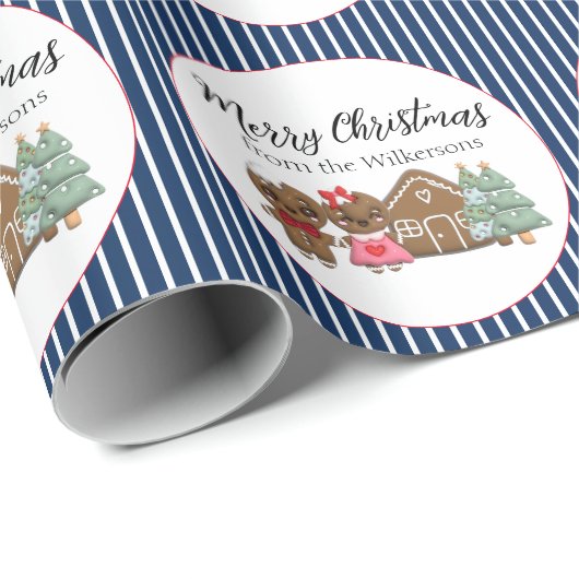 Gingerbread Mensen Vrolijk Kerstmis Blauw Gestreep Cadeaupapier (Rol Hoek)