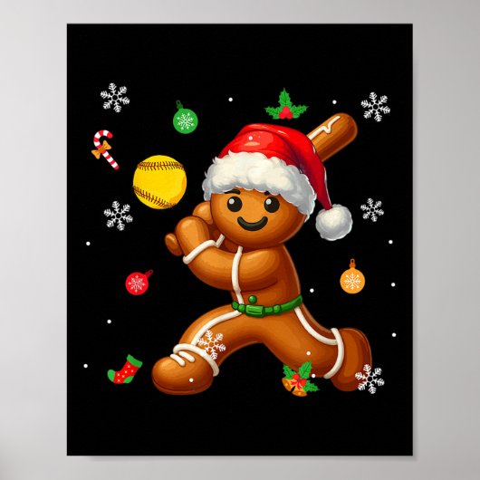Gingerbread Playing Softball Christmas Player Kids Poster (Voorkant)
