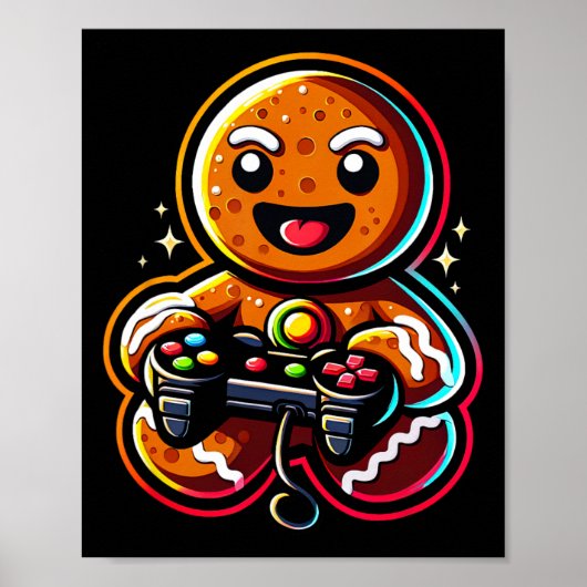 Gingerbread Playing Video Game Controller Gamer Ch Poster (Voorkant)