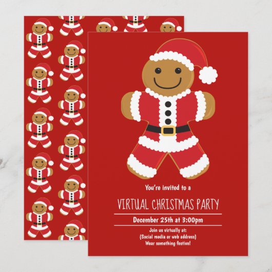 Gingerbread Santa Red Virtual Christmas Party Kaart (Voorkant / Achterkant)