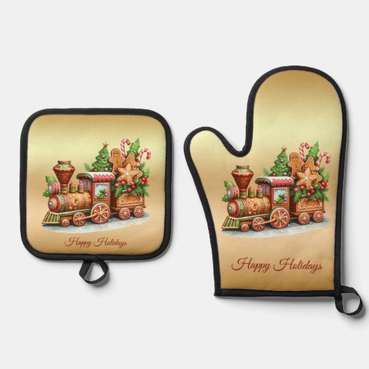 Gingerbread Train Holiday Ovenwant & Pannenlap Set (Voorkant)