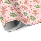 Gingerbreads en Holly PINK Cadeaupapier (Rol Hoek)