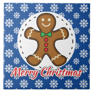 Gingerbrood - Blauw Snowflakes Patroon - Merry Xma Tegeltje