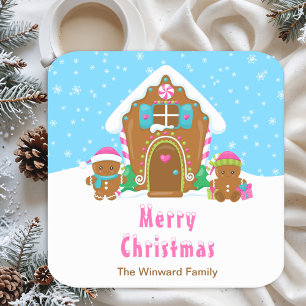 Gingerbrood Decorting Party Bright Blue en Roze Vierkante Kartonnen Onderzetter