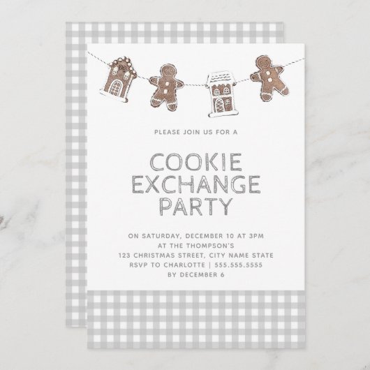 Gingerbrood Gray Gingham Cookie Exchange Swap Kaart (Voorkant / Achterkant)