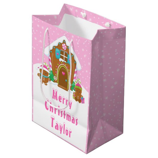 Gingerbrood House Bright Pink Merry Kerstry Medium Cadeauzakje (Voorkant Gekanteld)
