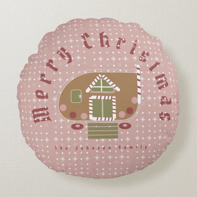 Gingerbrood House Camper Familienaam Rond Kussen (Voorkant)