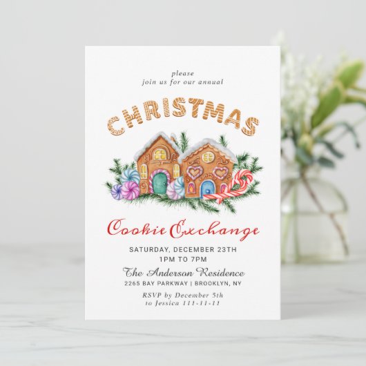 Gingerbrood House Cookie Exchange Kerstmis Kaart (Staand voorkant)