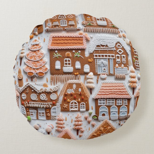 Gingerbrood House Rond Kussen (Voorkant)