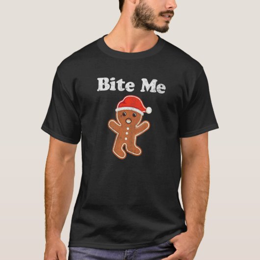 Gingerbrood Man Bite me met kerst Koekjeskostuum T-shirt (Voorkant)