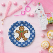 Gingerbrood Man op Blue White Snowflakes Pattern Papieren Bordje (Feest)