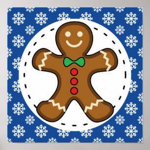 Gingerbrood Man op Blue White Snowflakes Pattern Poster