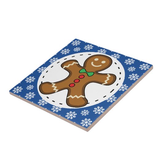 Gingerbrood Man op Blue White Snowflakes Pattern Tegeltje (Zijkant)