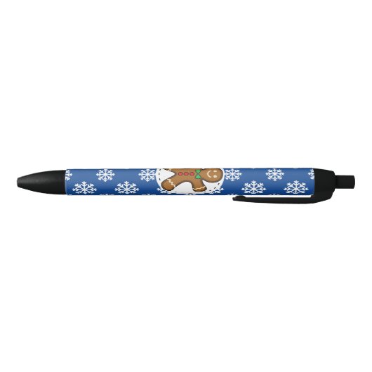 Gingerbrood Man op Blue White Snowflakes Pattern Zwarte Inkt Pen (Bodem)