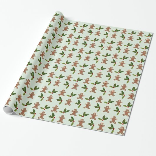 Gingerbrood Mannen en Holly Kerstmis Pattern Cadeaupapier (Uitgerold)
