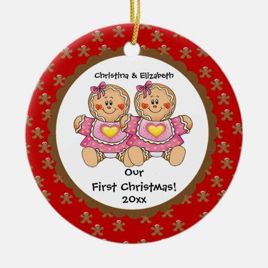 Gingerbrood Twins Baby's Eerste kerstversiering Keramisch Ornament (Voorkant)