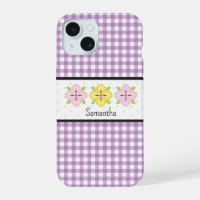 Gingham à carreaux floral à monogramme violet