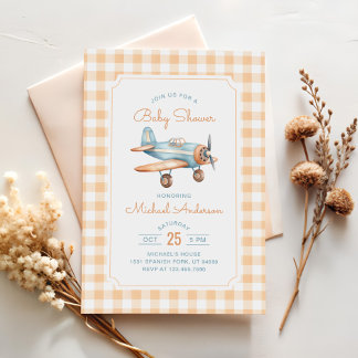 Gingham Airplane Boy-Baby shower Kaart
