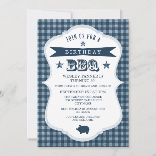 Gingham Barbecue Birthday Party Invitation Kaart (Voorkant)
