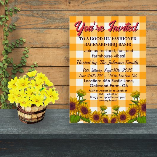 Gingham BBQ Invite Barn Style Backyard Party Kaart