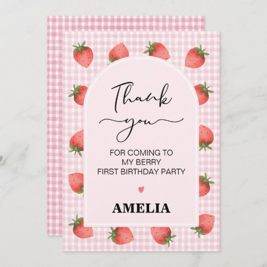 Gingham Berry Sweet 1e Verjaardag Dank Je Kaart (Voorkant / Achterkant)