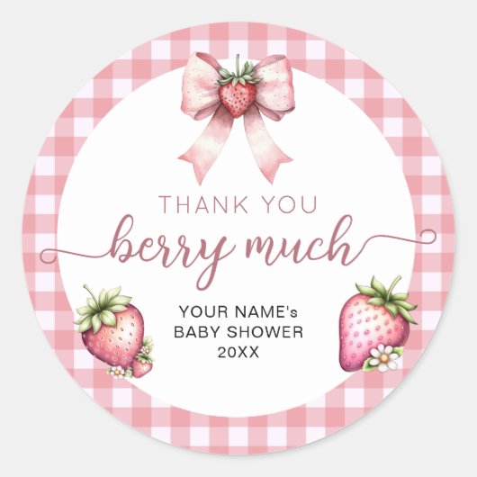 Gingham berry sweet baby shower  ronde sticker (Voorkant)