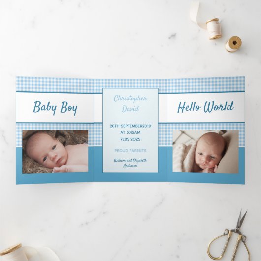 Gingham blauw en wit foto's baby jongen drieluik aankondiging (Binnen)