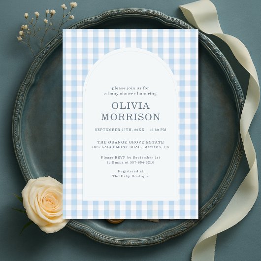 Gingham Blauwe Baby Shower Kaart