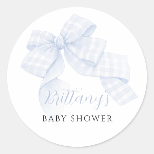 Gingham Blue Bow Baby Shower Stickers (Devant)