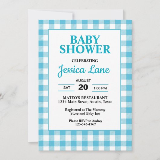 Gingham Blue Plaid Baby shower Invitation Kaart (Voorkant)