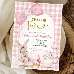 Gingham Blush Roze Bloem Boog Konijn Theepartij Kaart