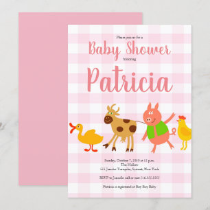 Gingham Boerderij Animal Baby Girl Shower Kaart