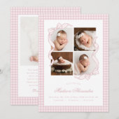 Gingham Bow 4 Frame Photo Birth Announcement Aankondiging (Voorkant / Achterkant)