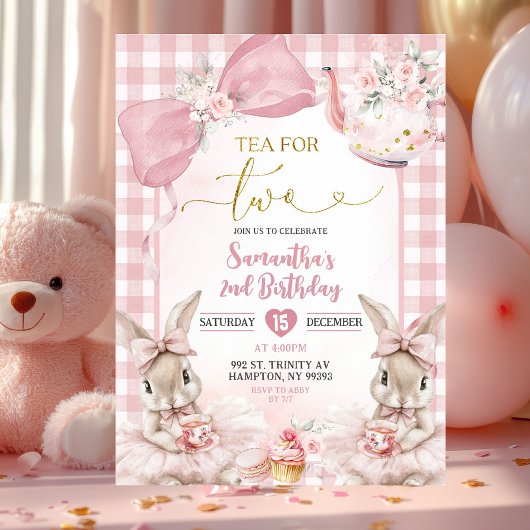 Gingham Bow Pink Bunny Tea Party Second Birthday I Kaart