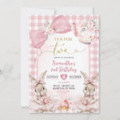 Gingham Bow Pink Bunny Tea Party Second Birthday I Kaart (Voorkant)