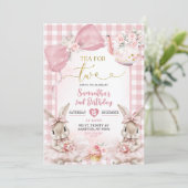 Gingham Bow Pink Bunny Tea Party Second Birthday I Kaart (Staand voorkant)