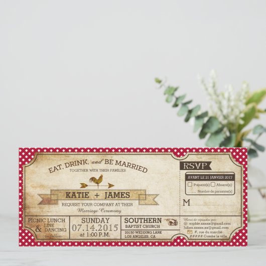 Gingham Check Country Picnic Weddenschap Frans Kaart (Staand voorkant)