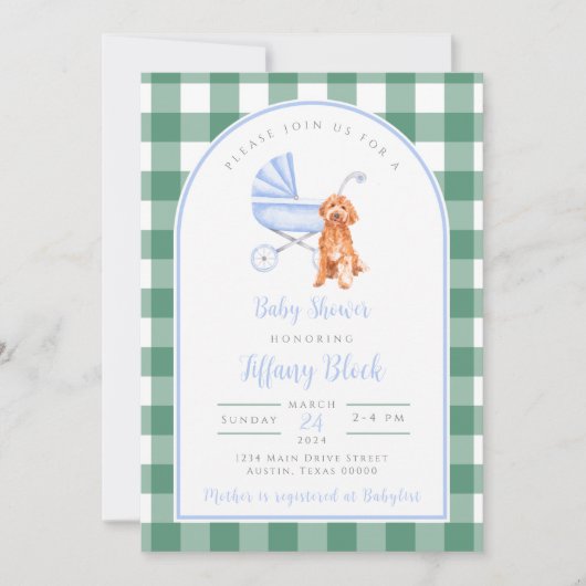 Gingham Check Dog Boy Baby shower Invitation Kaart (Voorkant)