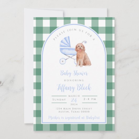 Gingham Check Dog Boy Baby shower Invitation Kaart (Voorkant)
