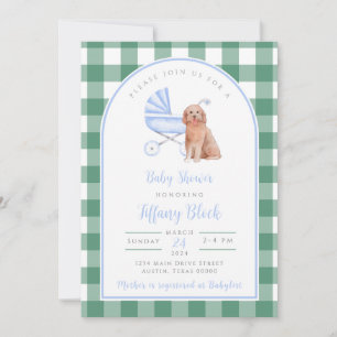 Gingham Check Dog Boy Baby shower Invitation Kaart