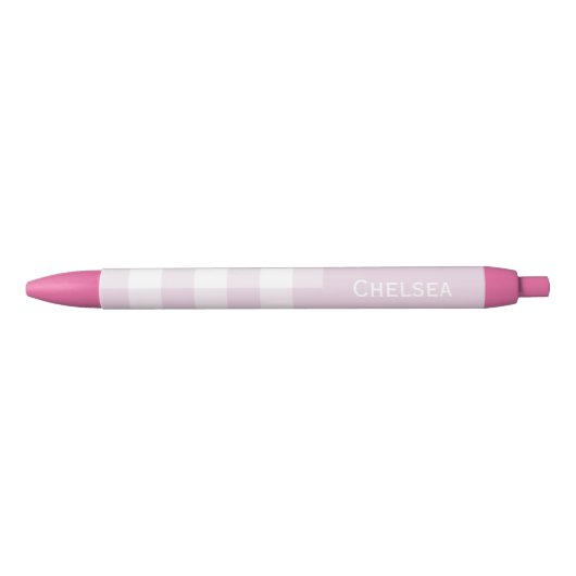 Gingham Check Pale Pink Custom Name  Zwarte Inkt Pen (Voorkant)